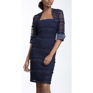 NWT JS Collections Sz 8 Blue Mesh Ruffle Sheath Dress Bolero Jacket Shrug Set m